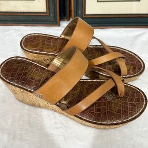 Sam Edelman Rayna Leather Cork Wedge Sandals Tan Brown Croc Embossed Womens 8M